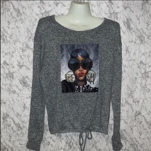 Y2K “FRESH” FREE KISSES GREY EMBELLISHED TIE FRONT SWEATER ladies size large